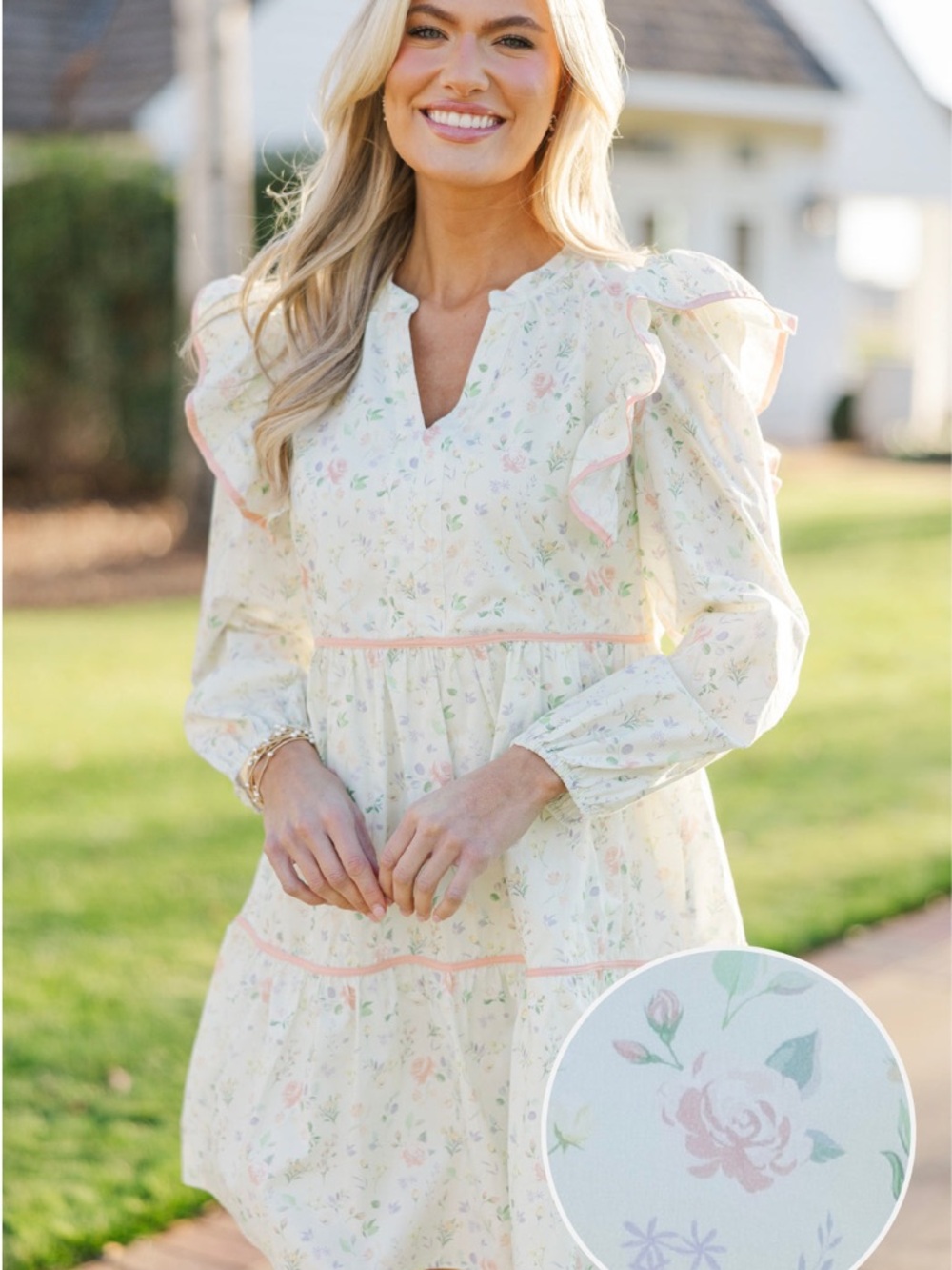 Pastel Floral Ruffle Long-Sleeve Dress in Cream and Pink